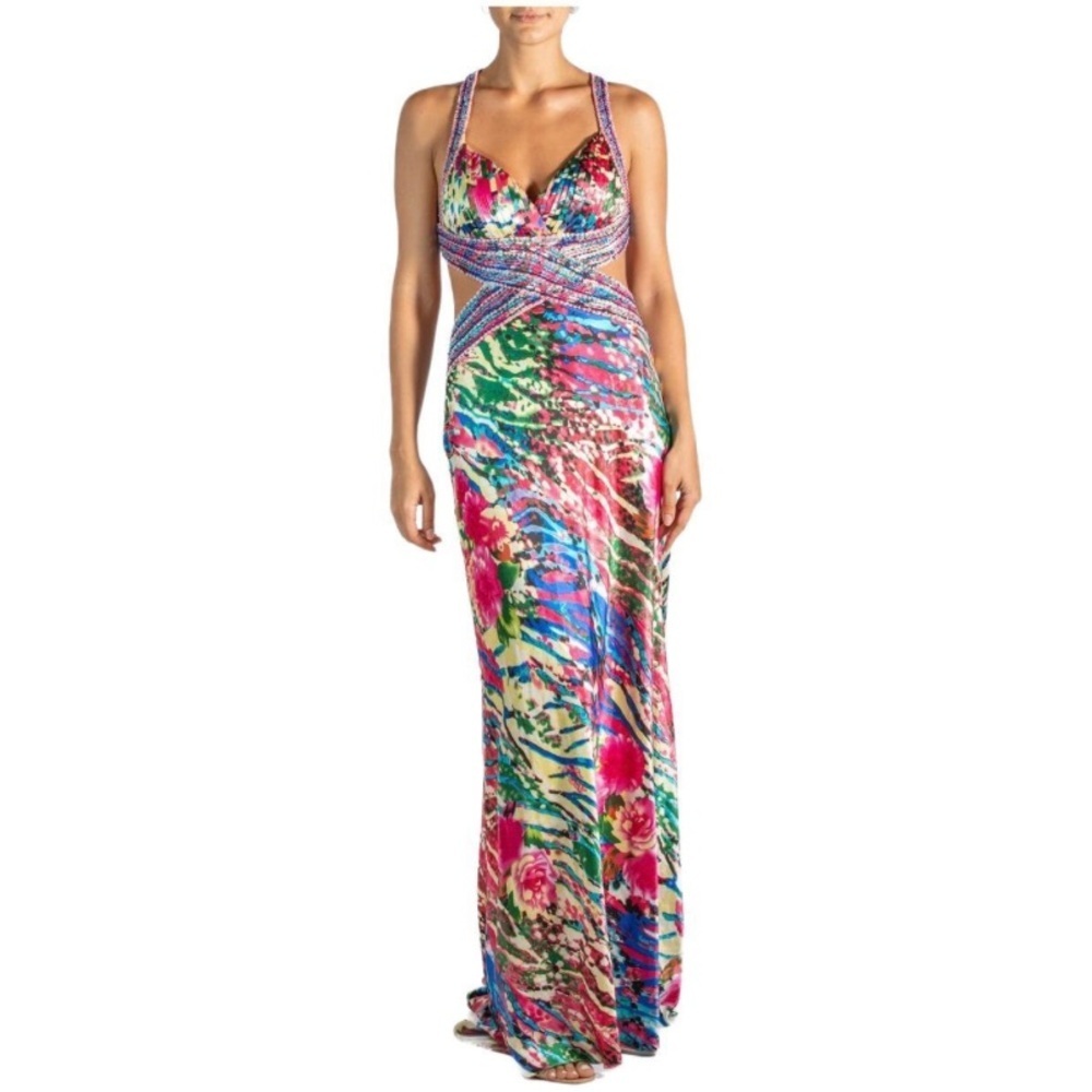 Cache Y2k Backless Abstract Beaded Formal Dress S… - image 1